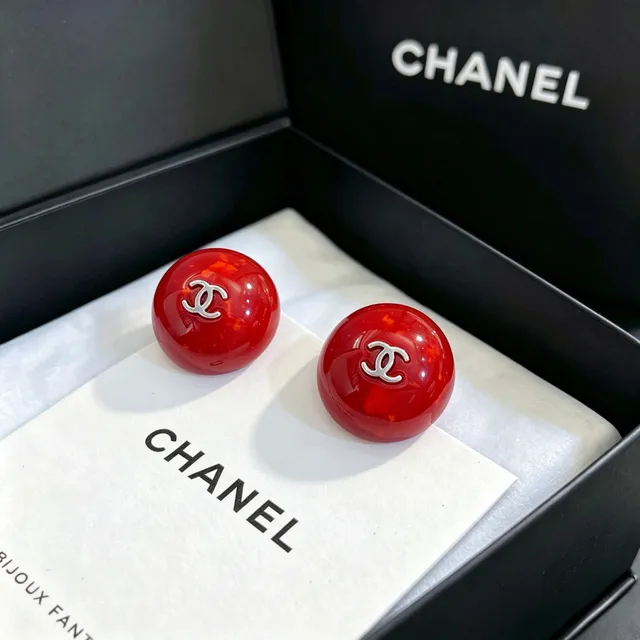 Chanel Spherical Red Resin CC Logo Stud Earrings 4