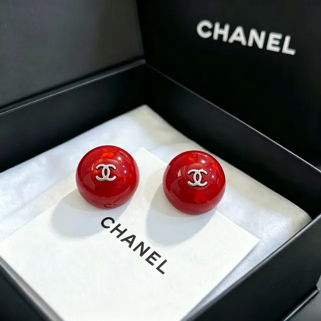 Chanel Spherical Red Resin CC Logo Stud Earrings 5