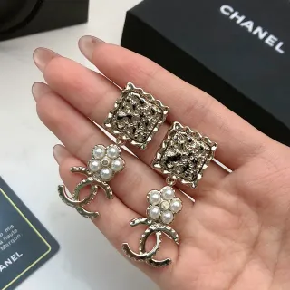 Chanel Square Textured Pearl Flower CC Logo Drop Earrings