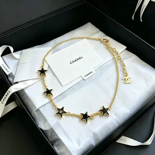 Chanel 星形金色调黑色搪瓷项链