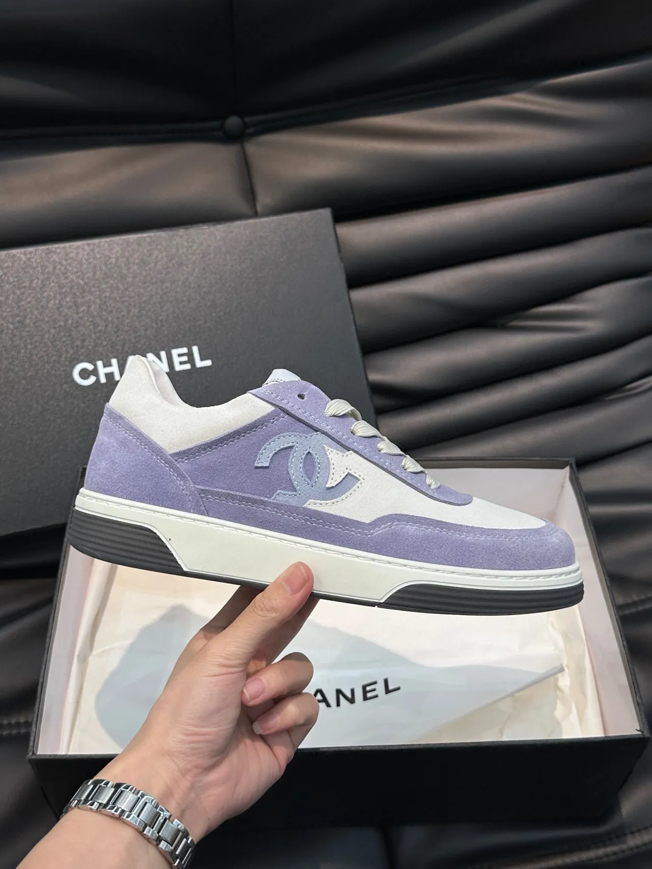 Chanel Tennis Line Purple White Low-Top Suede-and-Leather Panelled Lifestyle Sneakers 5