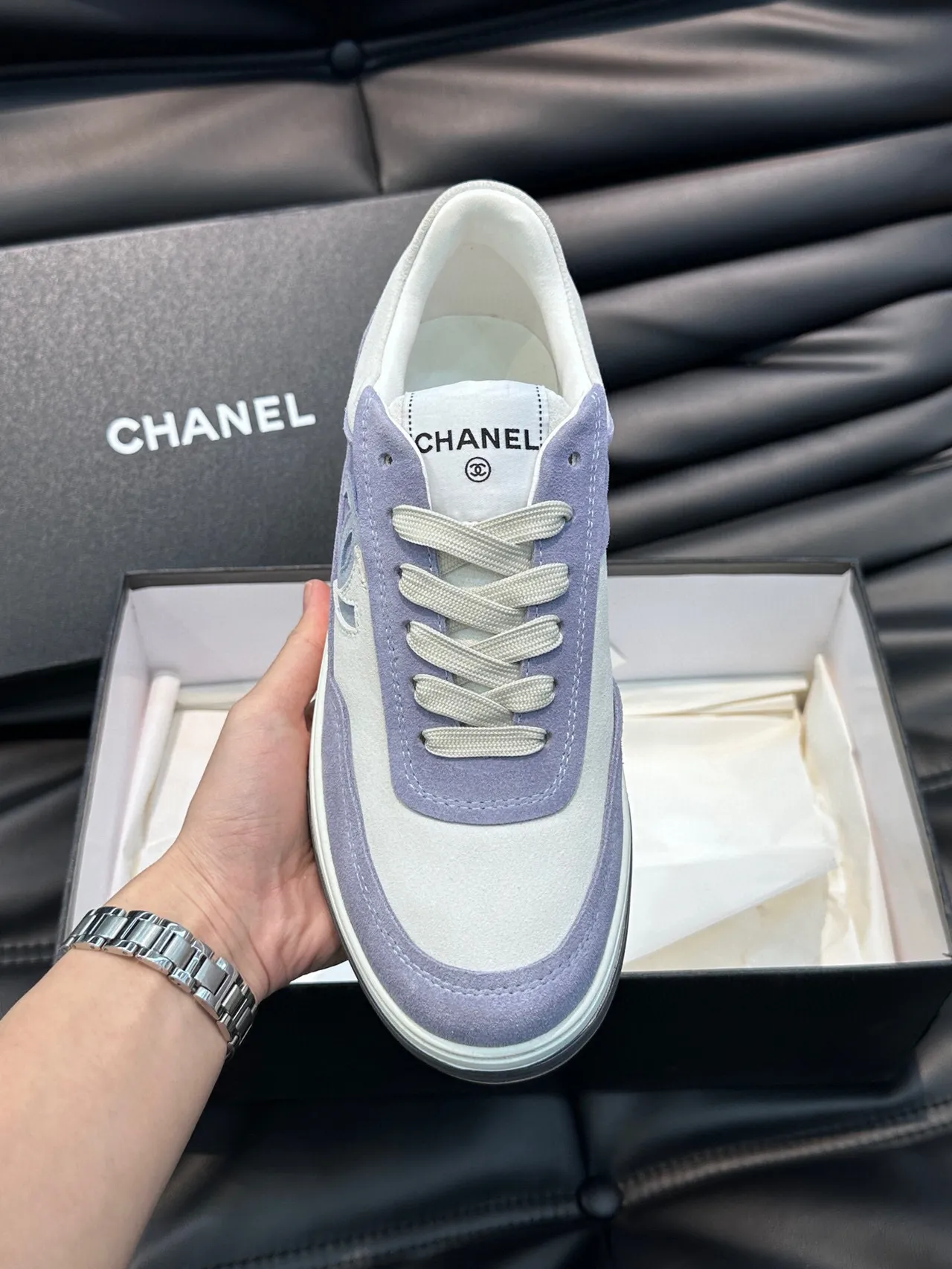 Chanel Tennis Line Purple White Low-Top Suede-and-Leather Panelled Lifestyle Sneakers 6