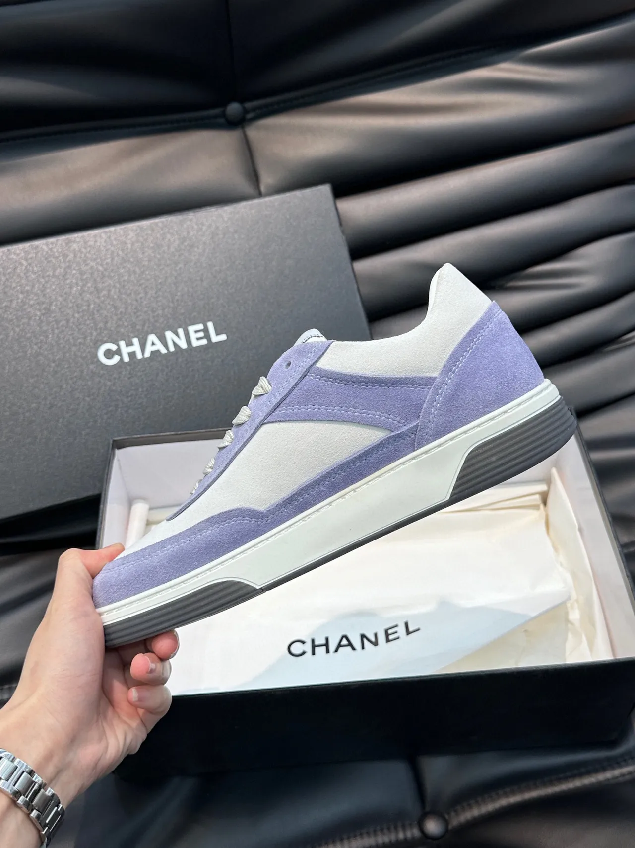 Chanel Tennis Line Purple White Low-Top Suede-and-Leather Panelled Lifestyle Sneakers 7