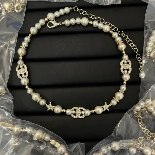 Chanel White Gold Pearl Strand Crystal-Embellished CC Logos Necklace