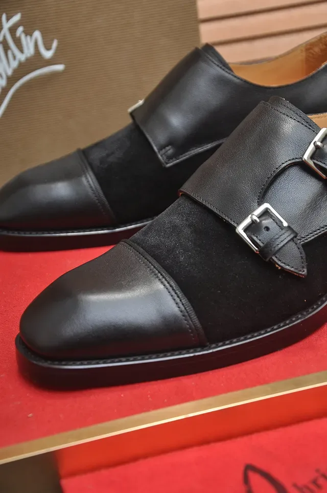 Christian Louboutin Black Red Double Strap Cap-Toe Monk Shoes 2