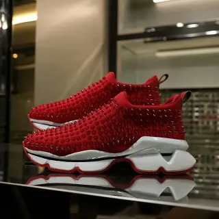 Christian Louboutin Red White Studded Knit Upper Slip-On Sock Fit Lifestyle Sneakers