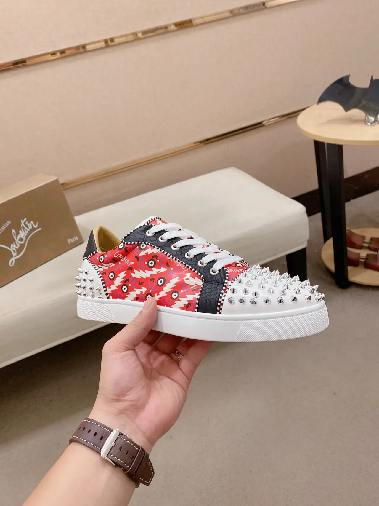 Christian Louboutin Spike Sneaker Red Black White Studded Lifestyle Sneakers 5
