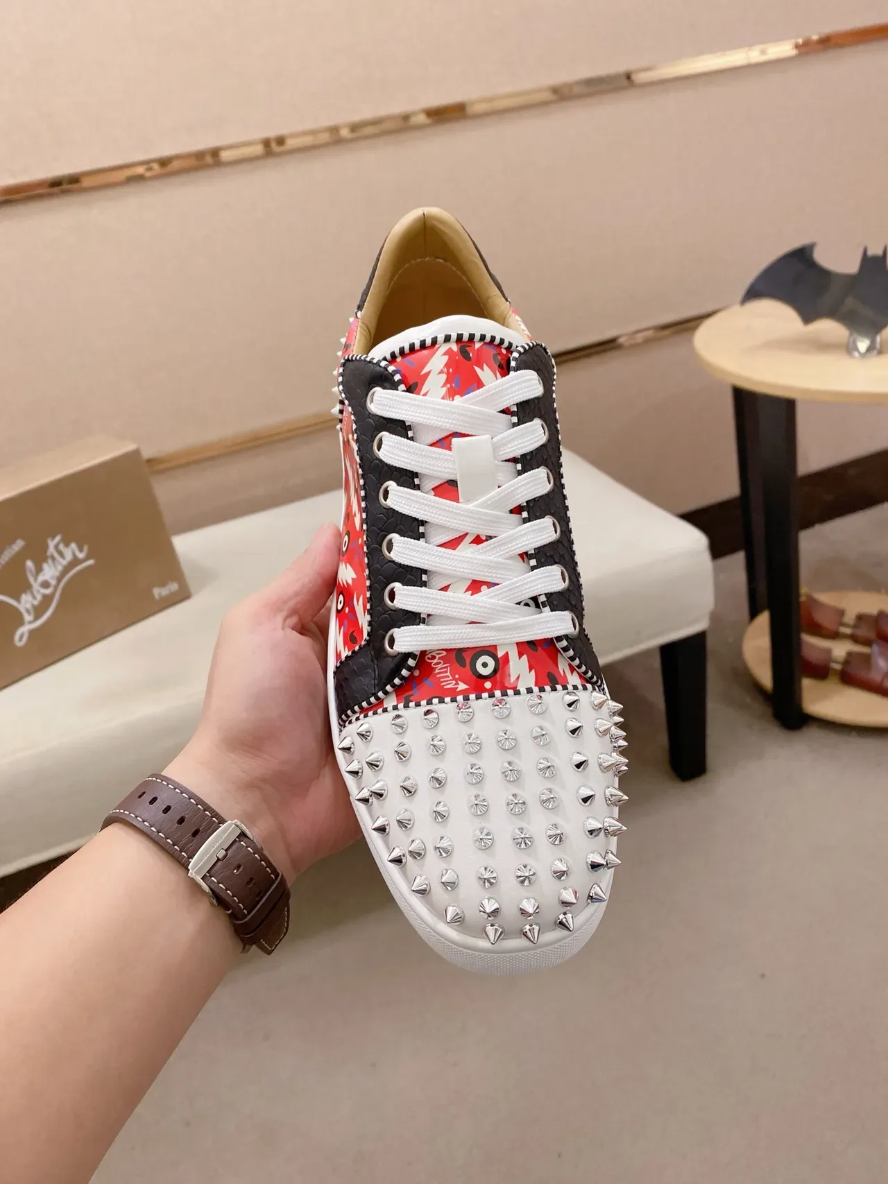 Christian Louboutin Spike Sneaker Red Black White Studded Lifestyle Sneakers 6