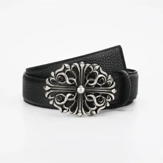 Chrome Hearts Black Silver Ornate Baroque-Inspired Metal Buckle Pebbled Leather Belt