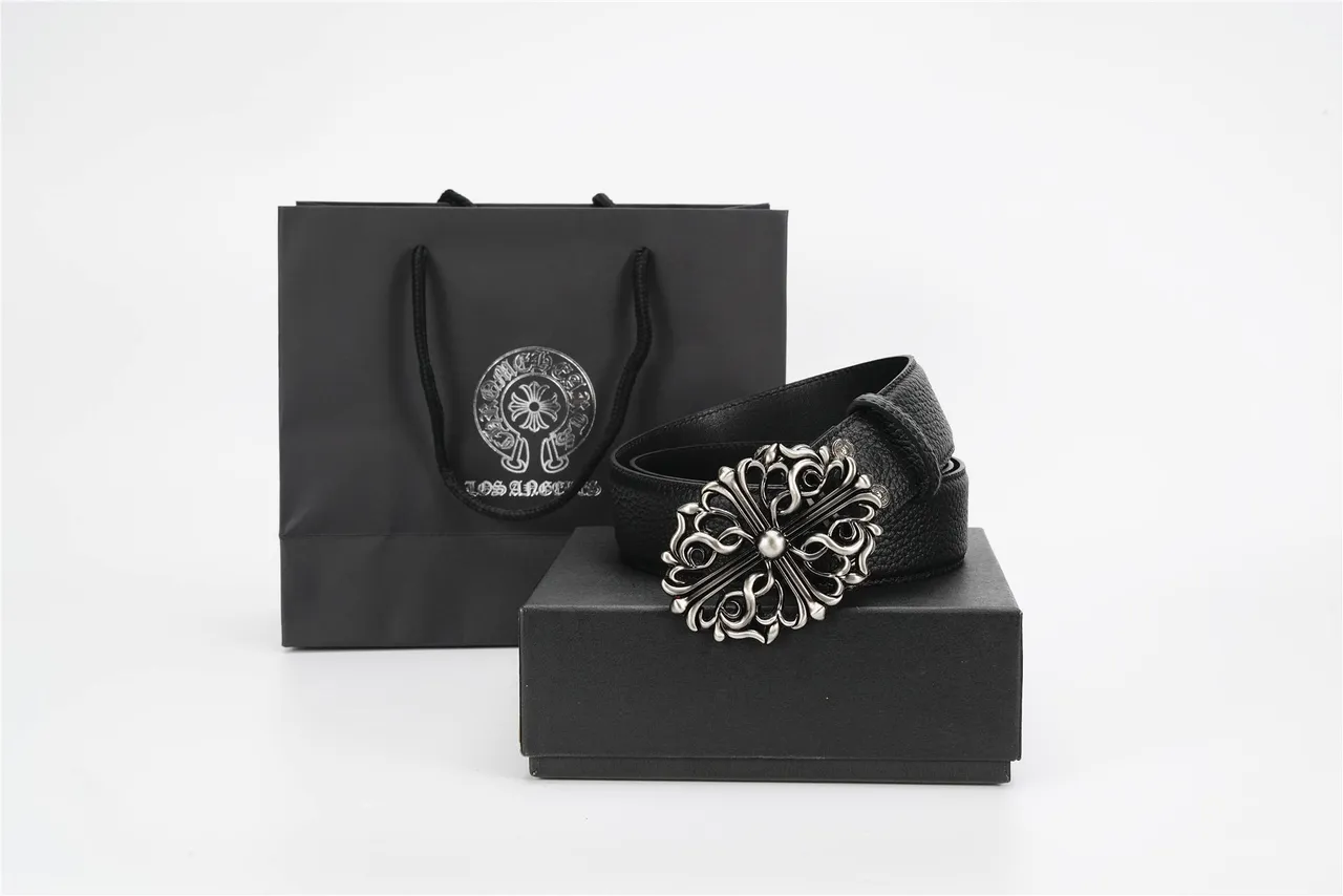 Chrome Hearts Ceinture en cuir noir et argent boucle métallique ornée inspirée du baroque texturée 4