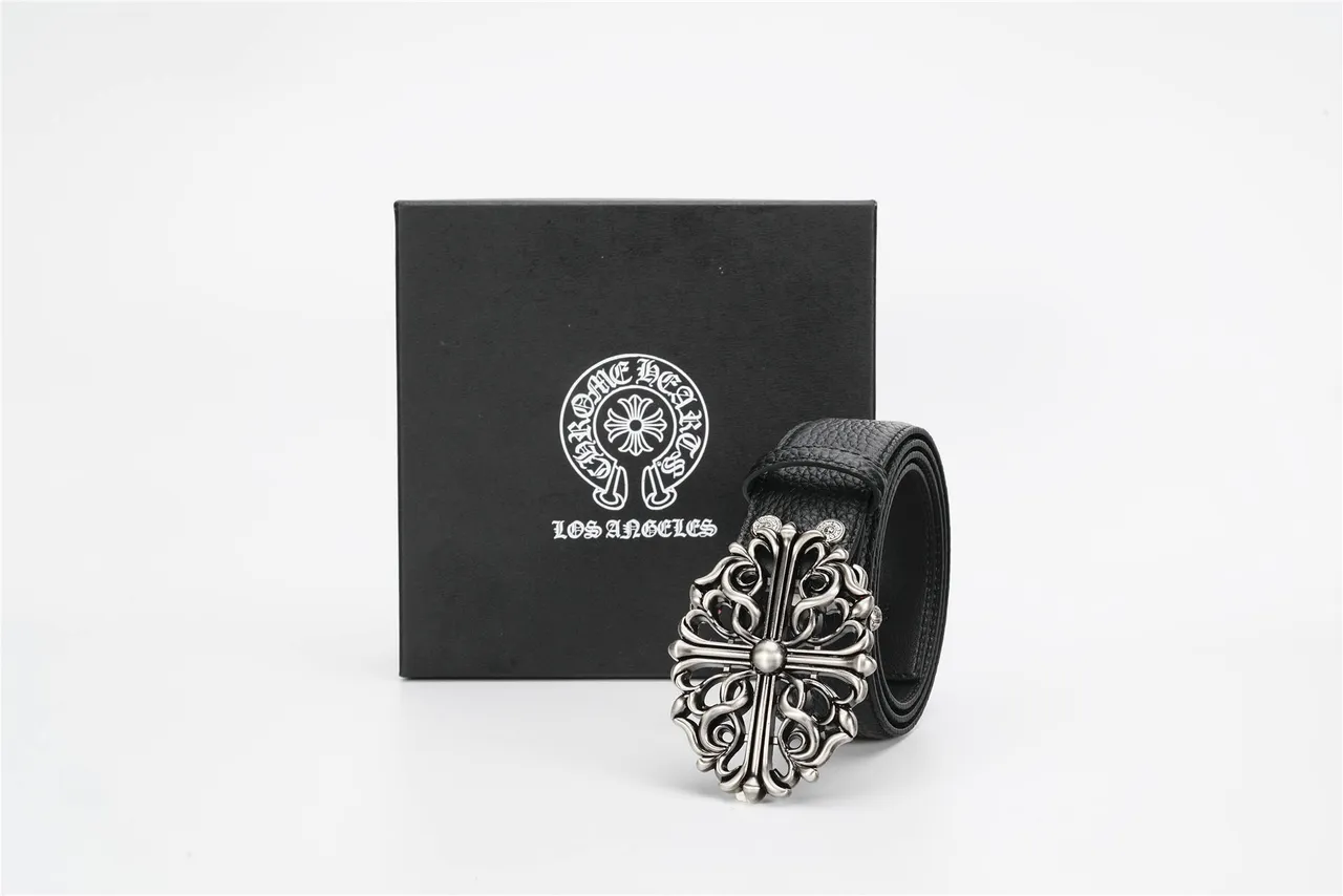 Chrome Hearts Ceinture en cuir noir et argent boucle métallique ornée inspirée du baroque texturée 5