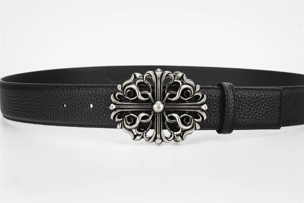 Chrome Hearts Ceinture en cuir noir et argent boucle métallique ornée inspirée du baroque texturée 8