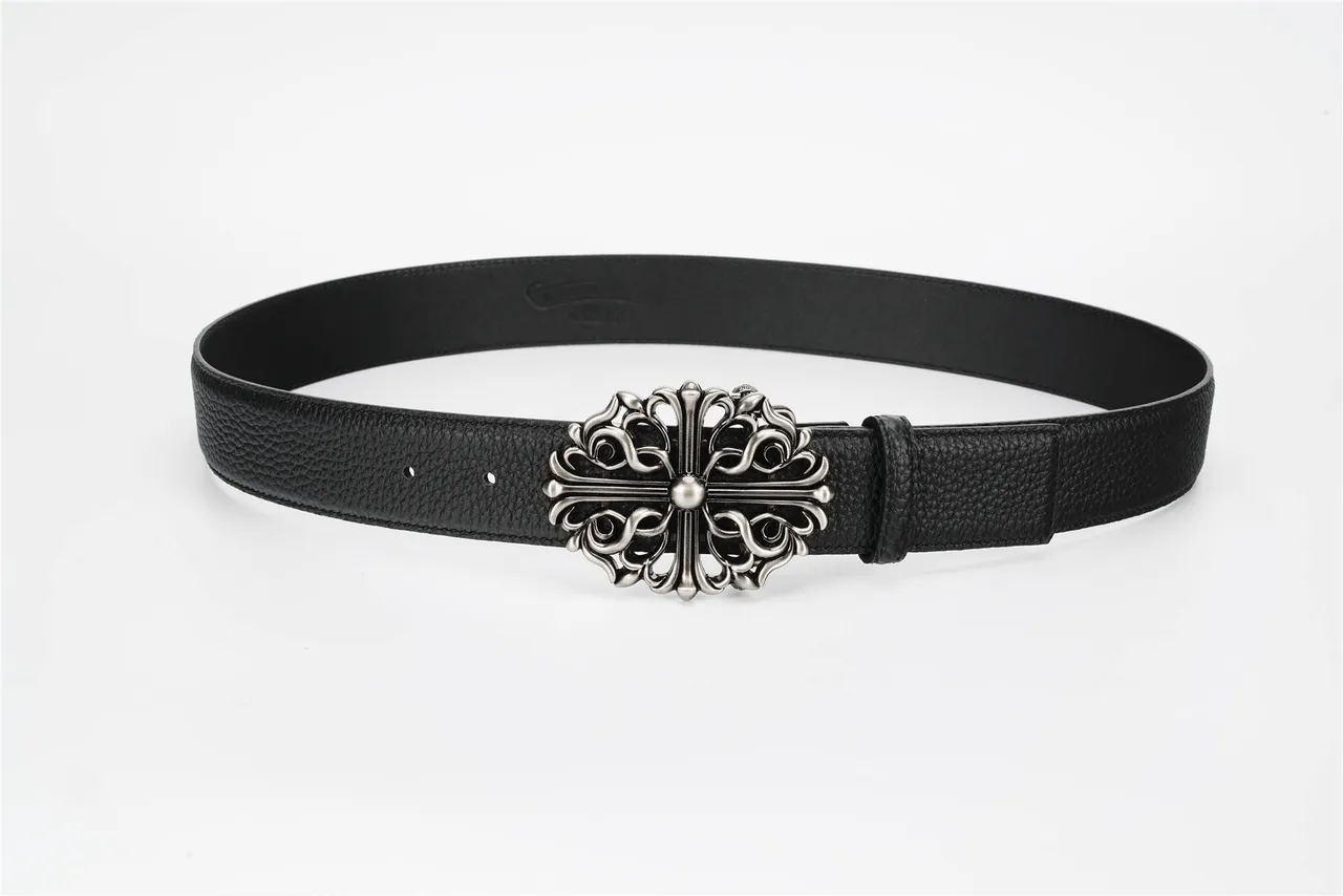 Chrome Hearts Ceinture en cuir noir et argent boucle métallique ornée inspirée du baroque texturée 9