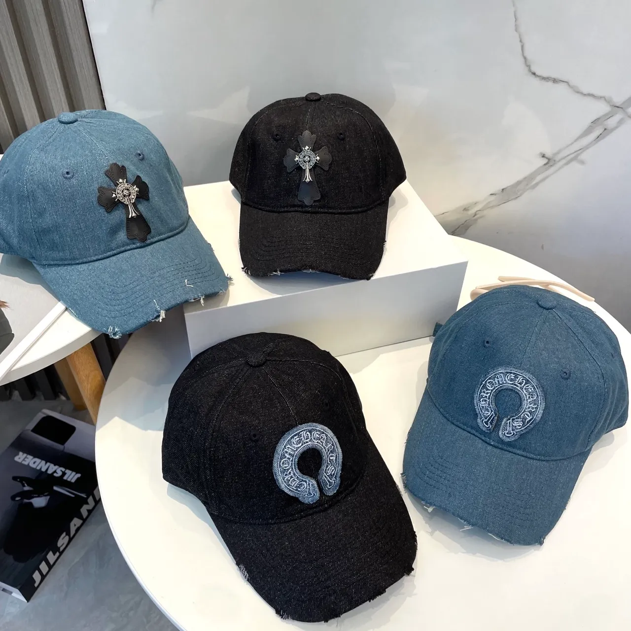 Chrome Hearts Cross Appliqué Distressed Denim Baseball Cap 2
