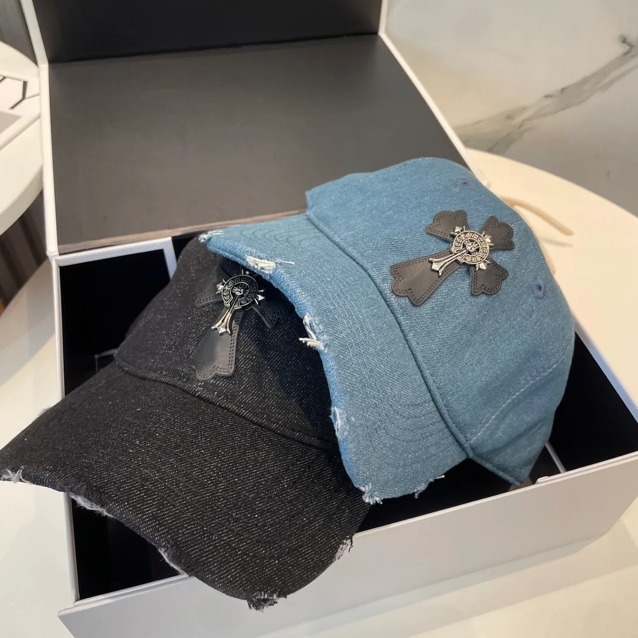 Chrome Hearts Cross Appliqué Distressed Denim Baseball Cap 3