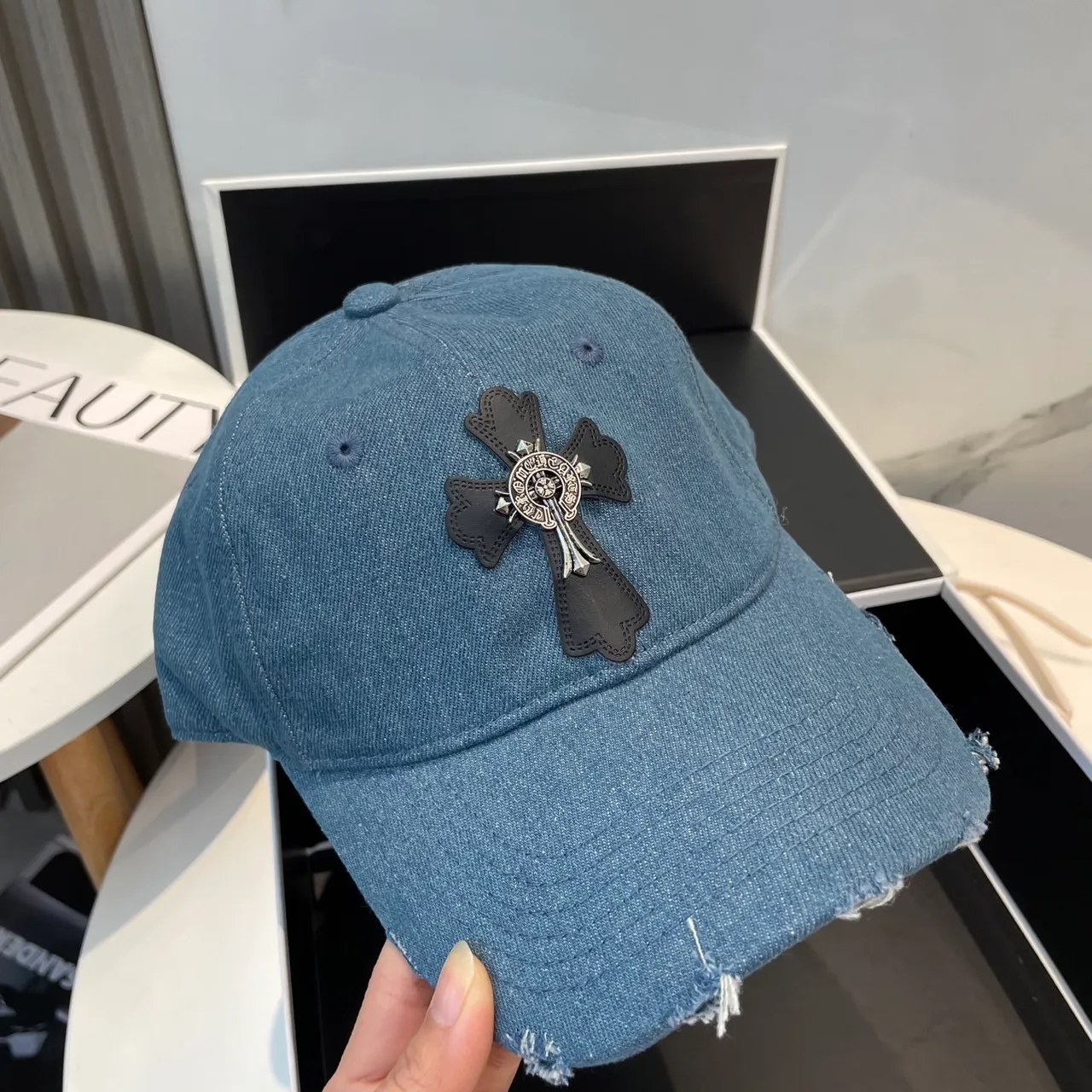 Chrome Hearts Cross Appliqué Distressed Denim Baseball Cap 4
