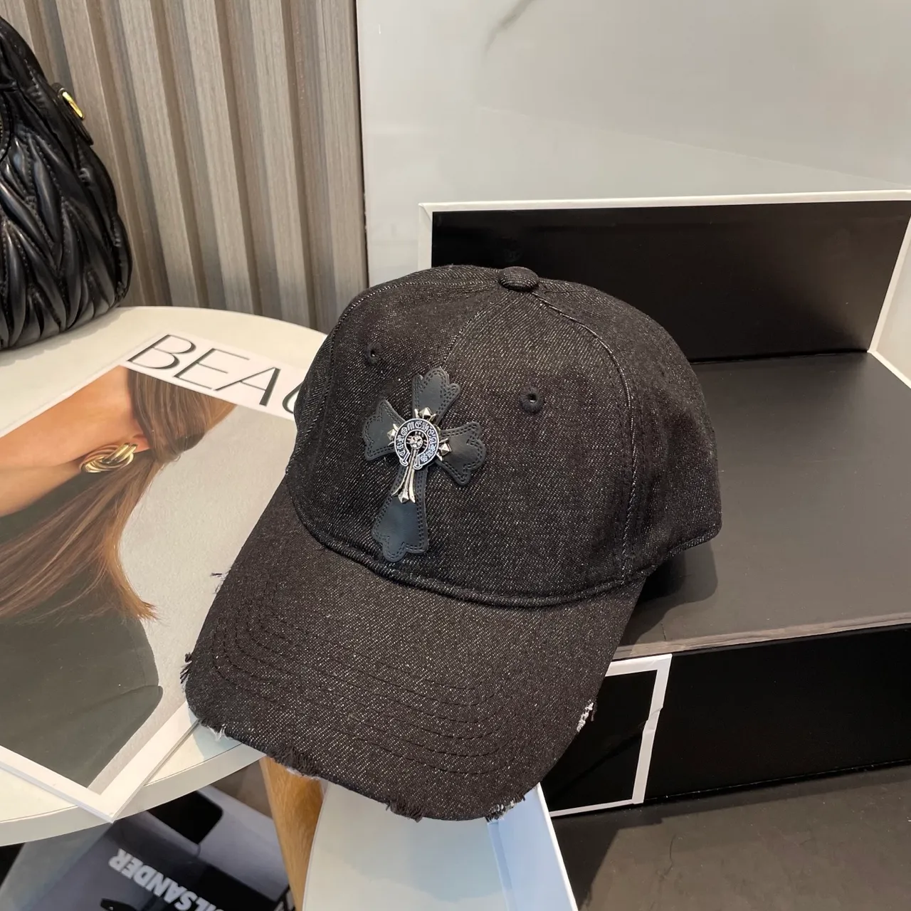 Chrome Hearts Cross Appliqué Distressed Denim Baseball Cap 5