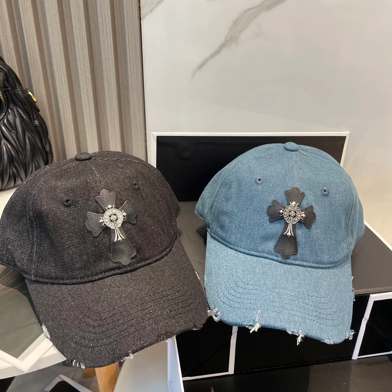 Chrome Hearts Cross Appliqué Distressed Denim Baseball Cap 6