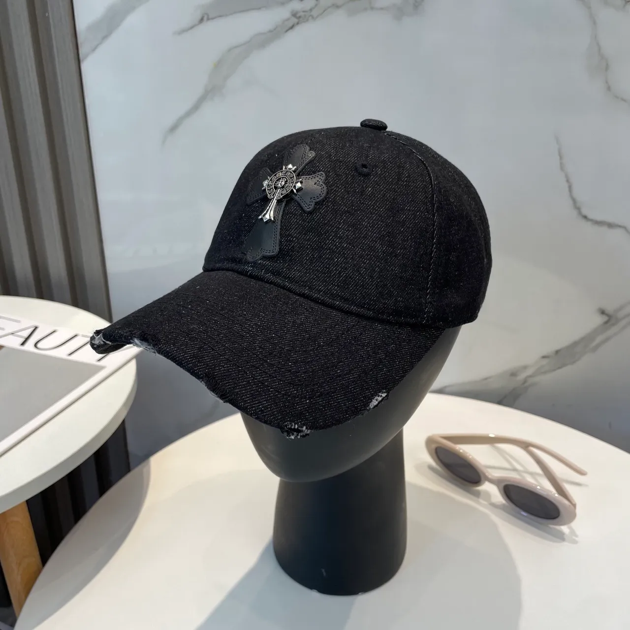 Chrome Hearts Cross Appliqué Distressed Denim Baseball Cap 9