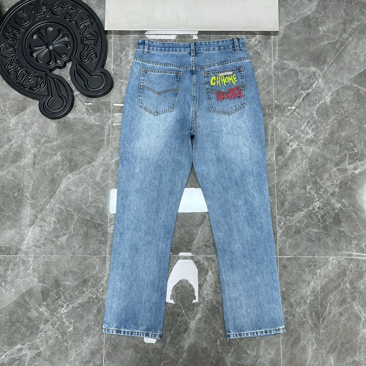 Chrome Hearts Cross Appliqué Light Wash Denim Jeans 2