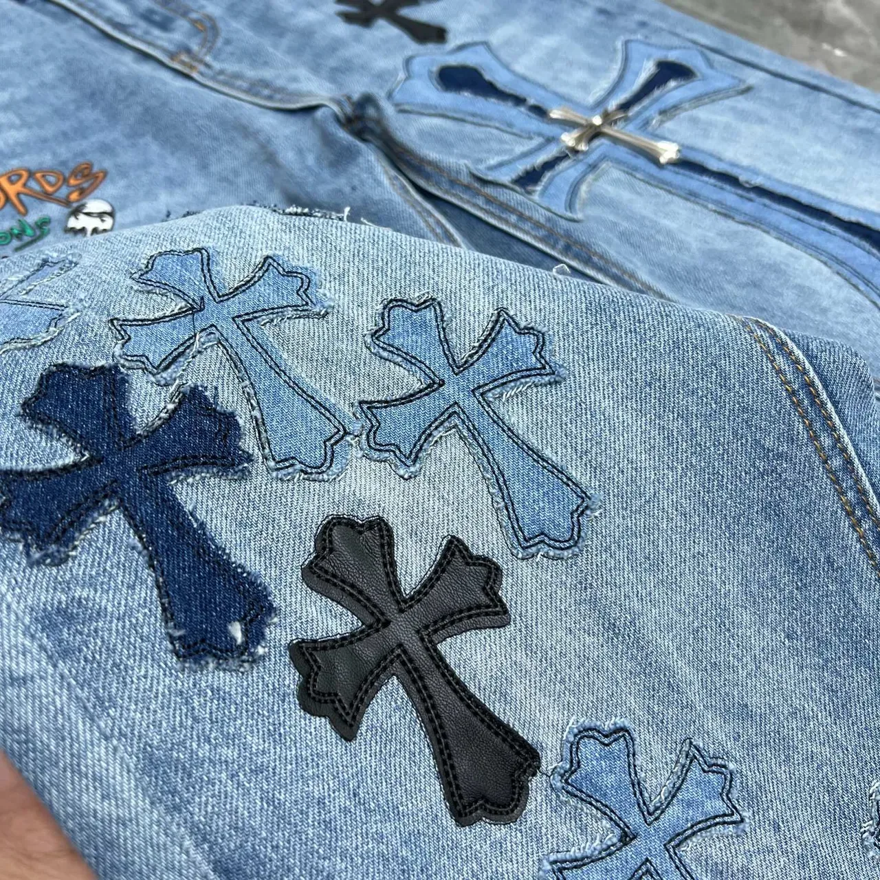Chrome Hearts Cross Appliqué Light Wash Denim Jeans 3