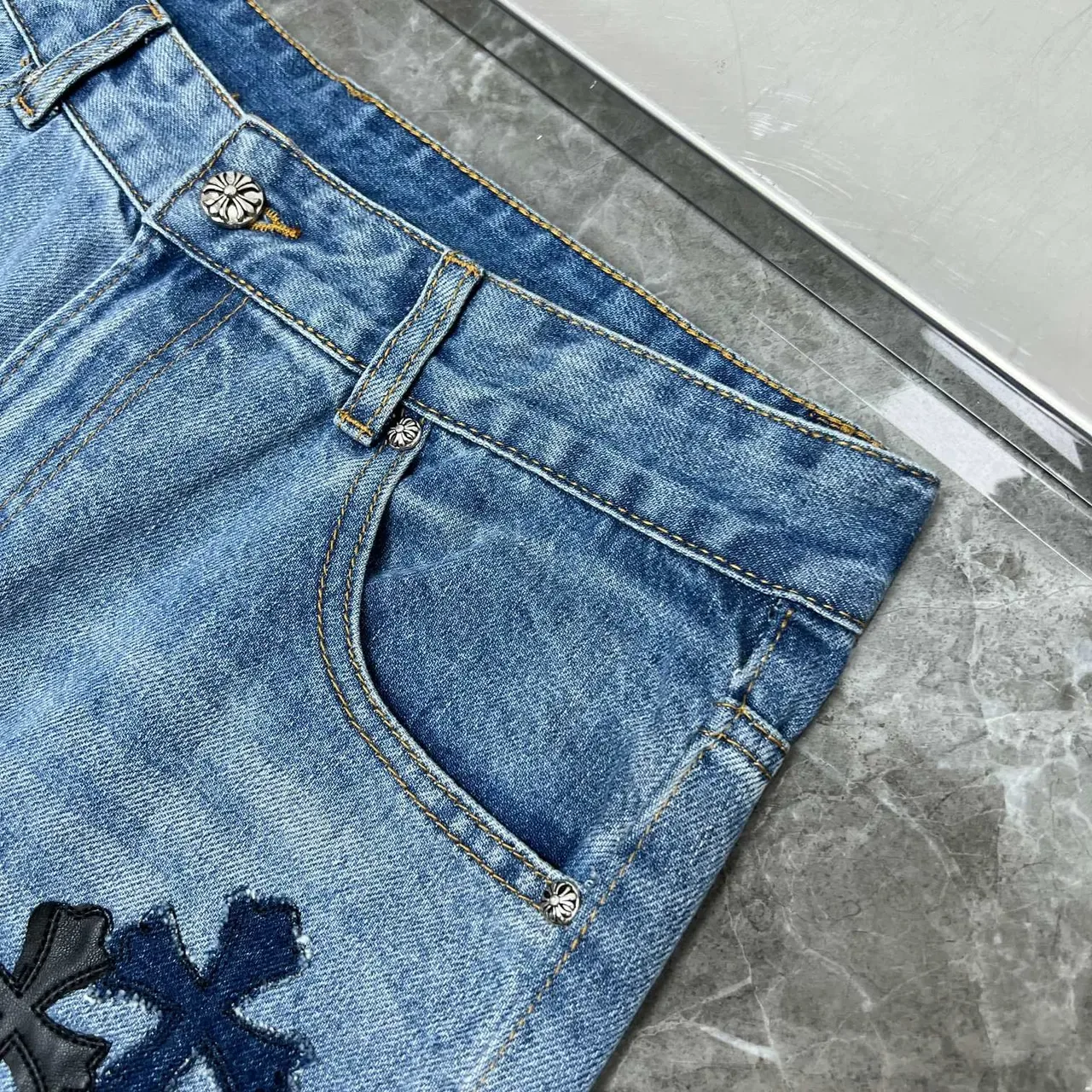 Chrome Hearts Cross Appliqué Light Wash Denim Jeans 4