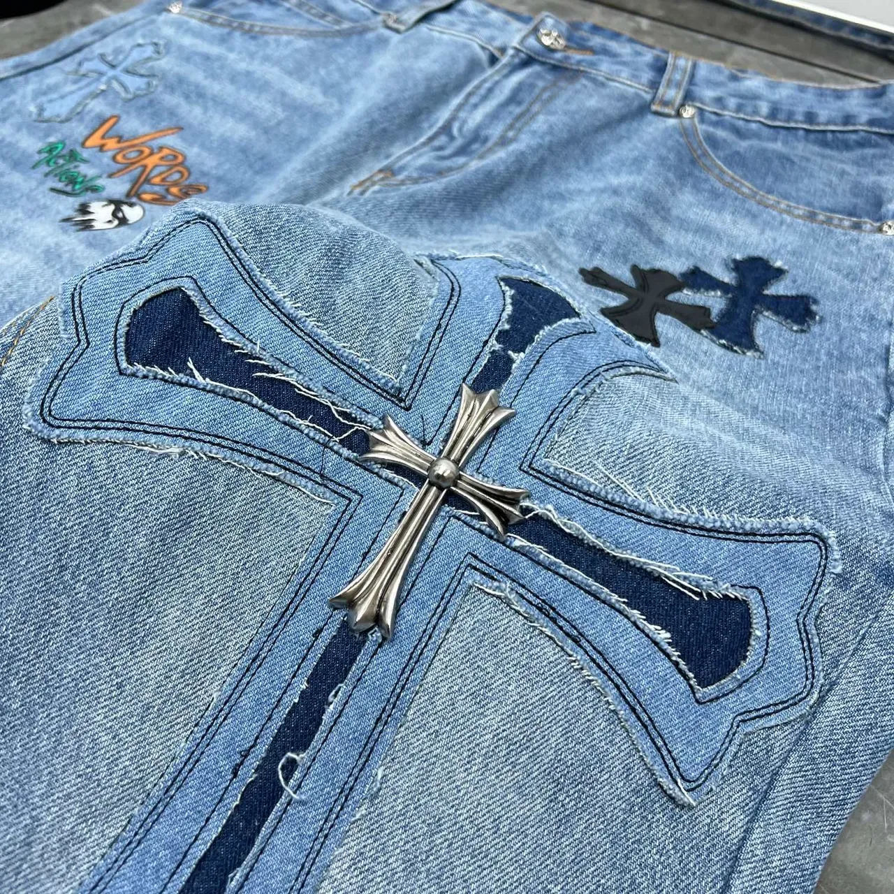 Chrome Hearts Cross Appliqué Light Wash Denim Jeans 5