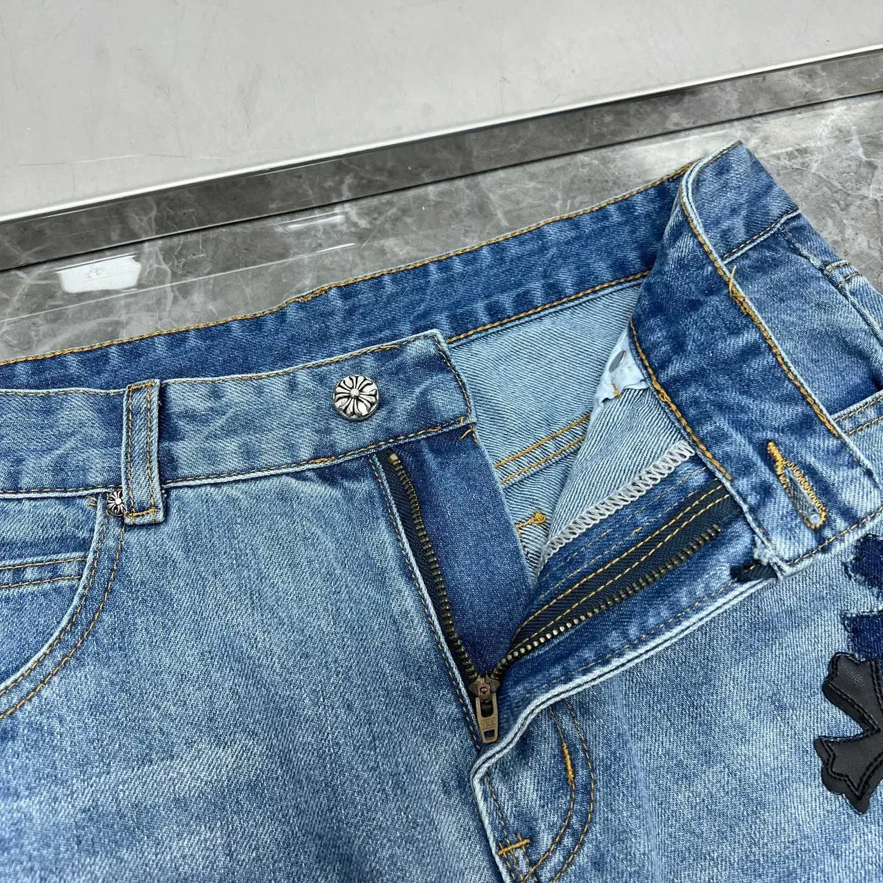 Chrome Hearts Cross Appliqué Light Wash Denim Jeans 7