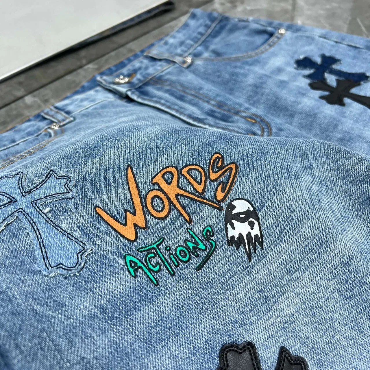 Chrome Hearts Cross Appliqué Light Wash Denim Jeans 8