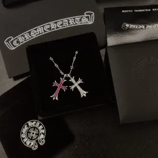 Chrome Hearts Cross Pendant Silver Pink Gothic Silhouette Pavé-Set Stones Necklace