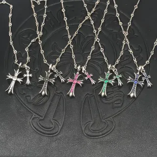 Chrome Hearts Cross Silver Multicolor Twisted Rope Chain Pavé-Set Gemstone Necklace