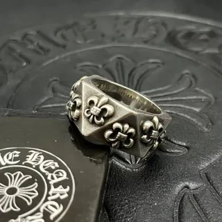 Chrome Hearts Fleur de Lis Silver Black Hexagonal Band Raised Motifs Ring