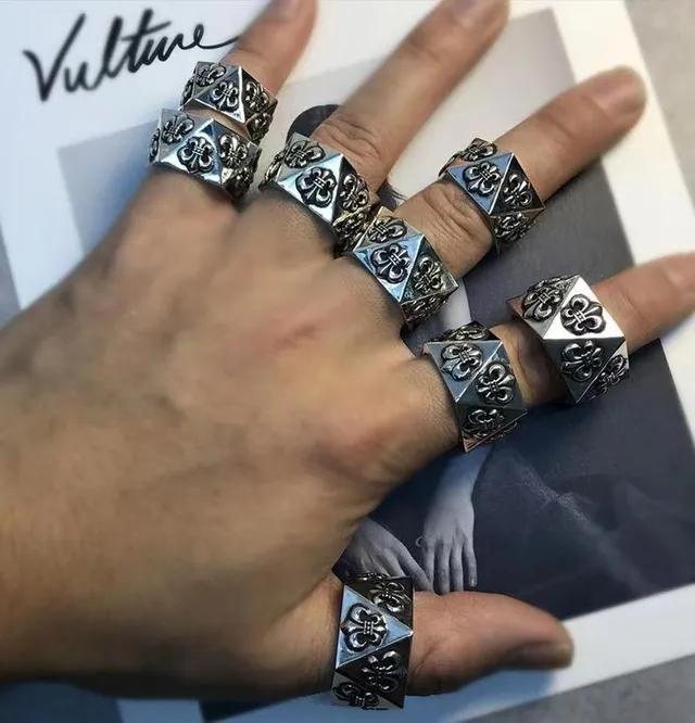 Chrome Hearts Fleur de Lis Silver Black Hexagonal Band Raised Motifs Ring 2