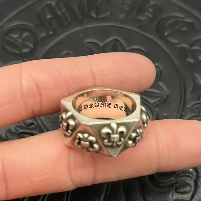 Chrome Hearts Fleur de Lis Silver Black Hexagonal Band Raised Motifs Ring 4