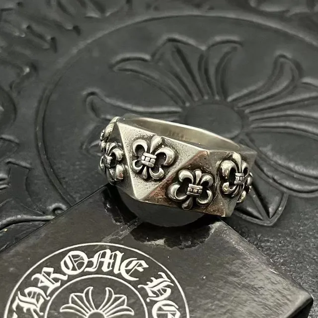 Chrome Hearts Fleur de Lis Silver Black Hexagonal Band Raised Motifs Ring 6