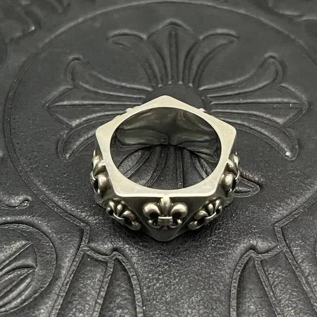 Chrome Hearts Fleur de Lis Silver Black Hexagonal Band Raised Motifs Ring 8