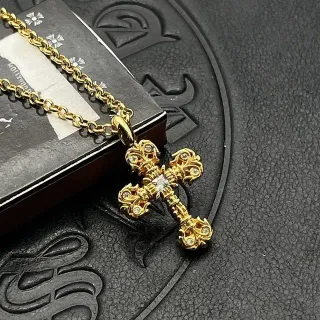 Chrome Hearts Ornate Gothic Cross Pavé Crystal Gold-Tone Necklace