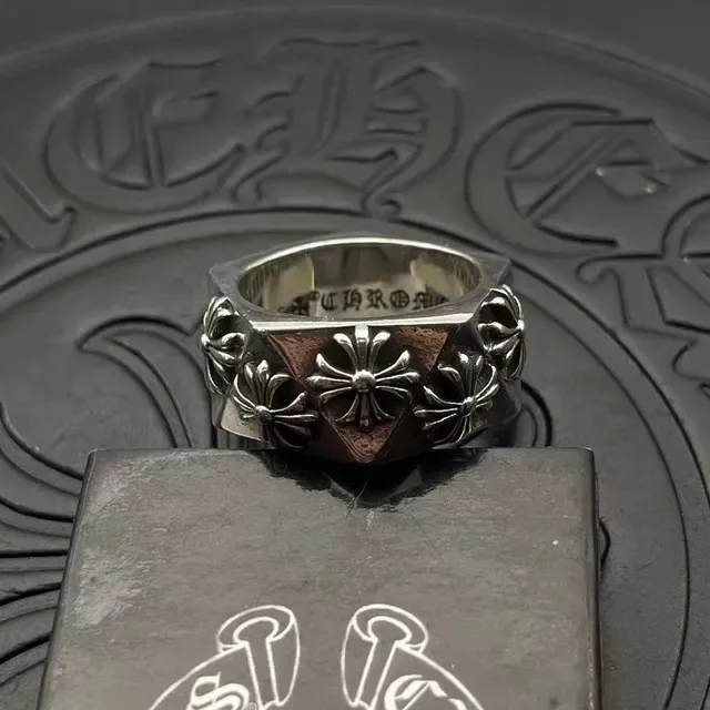Chrome Hearts Bague Argent Noir Bande Hexagonale Motifs Floraux Croix Surélevés 6