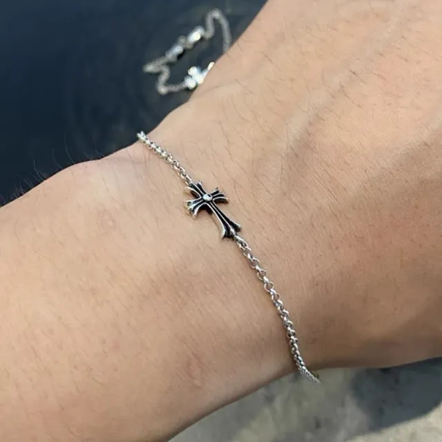 Chrome Hearts Silver Black Oval-Link Chain Gothic Cross Pendant Bracelet 2