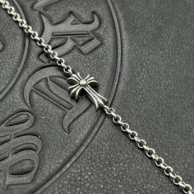 Chrome Hearts Silver Black Oval-Link Chain Gothic Cross Pendant Bracelet 3
