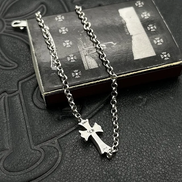 Chrome Hearts Silver Black Oval-Link Chain Gothic Cross Pendant Bracelet 4