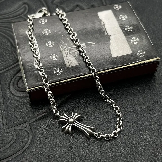 Chrome Hearts Silver Black Oval-Link Chain Gothic Cross Pendant Bracelet 5