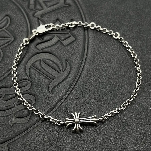 Chrome Hearts Silver Black Oval-Link Chain Gothic Cross Pendant Bracelet 6