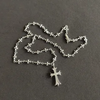 Chrome Hearts Silver Cross-Link Chain Pavé-Set Pendant Necklace