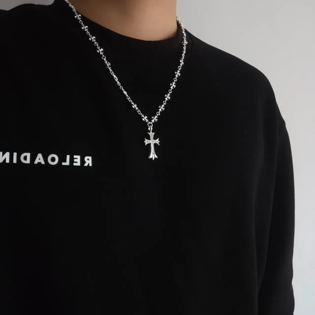 Chrome Hearts Silver Cross-Link Chain Pavé-Set Pendant Necklace 2