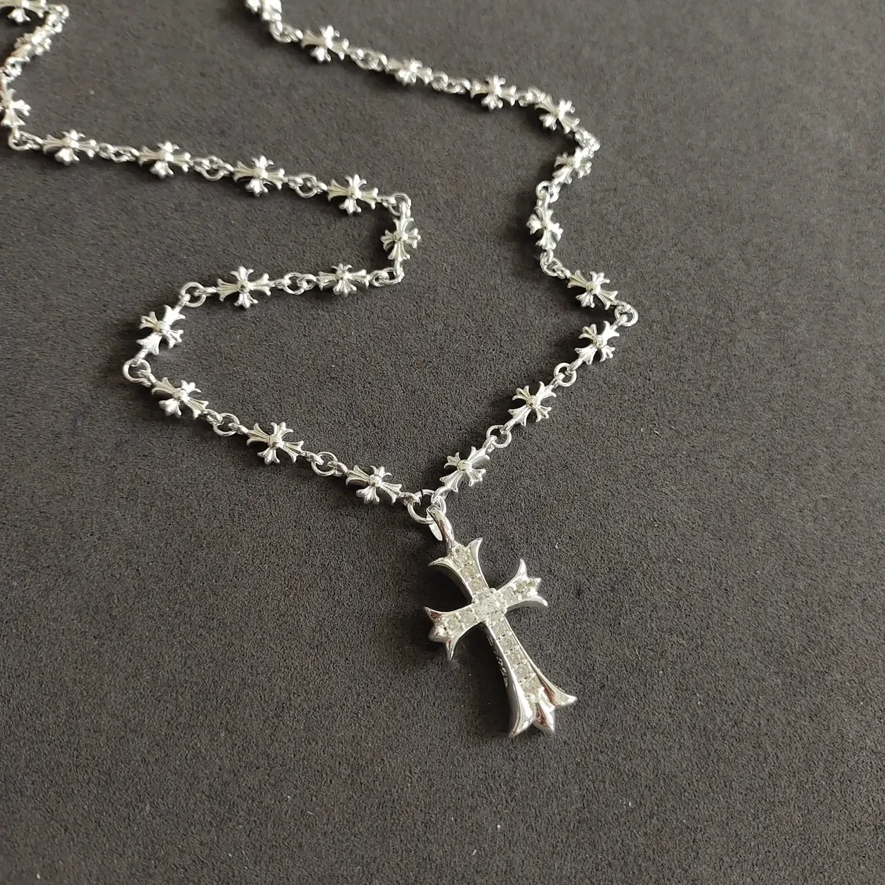 Chrome Hearts Silver Cross-Link Chain Pavé-Set Pendant Necklace 6