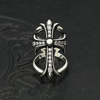 Chrome Hearts Silver White Gothic Cross Pavé-Set Stones Ring
