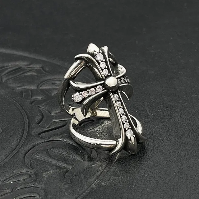 Chrome Hearts Silver White Gothic Cross Pavé-Set Stones Ring 7