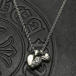 Chrome Hearts Triple Heart Silver Black Chain Charms Necklace
