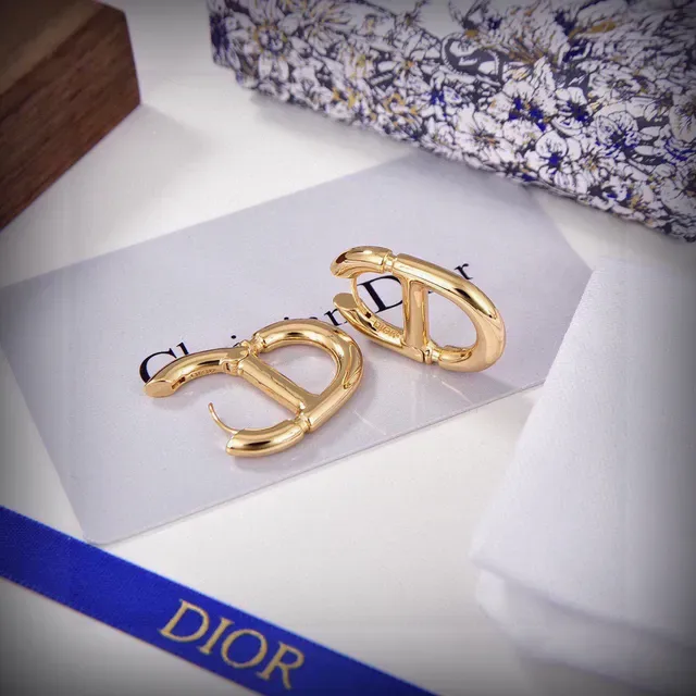 Dior Addict Gold White D-Shaped Hoops Interlocking Motif Earrings 2